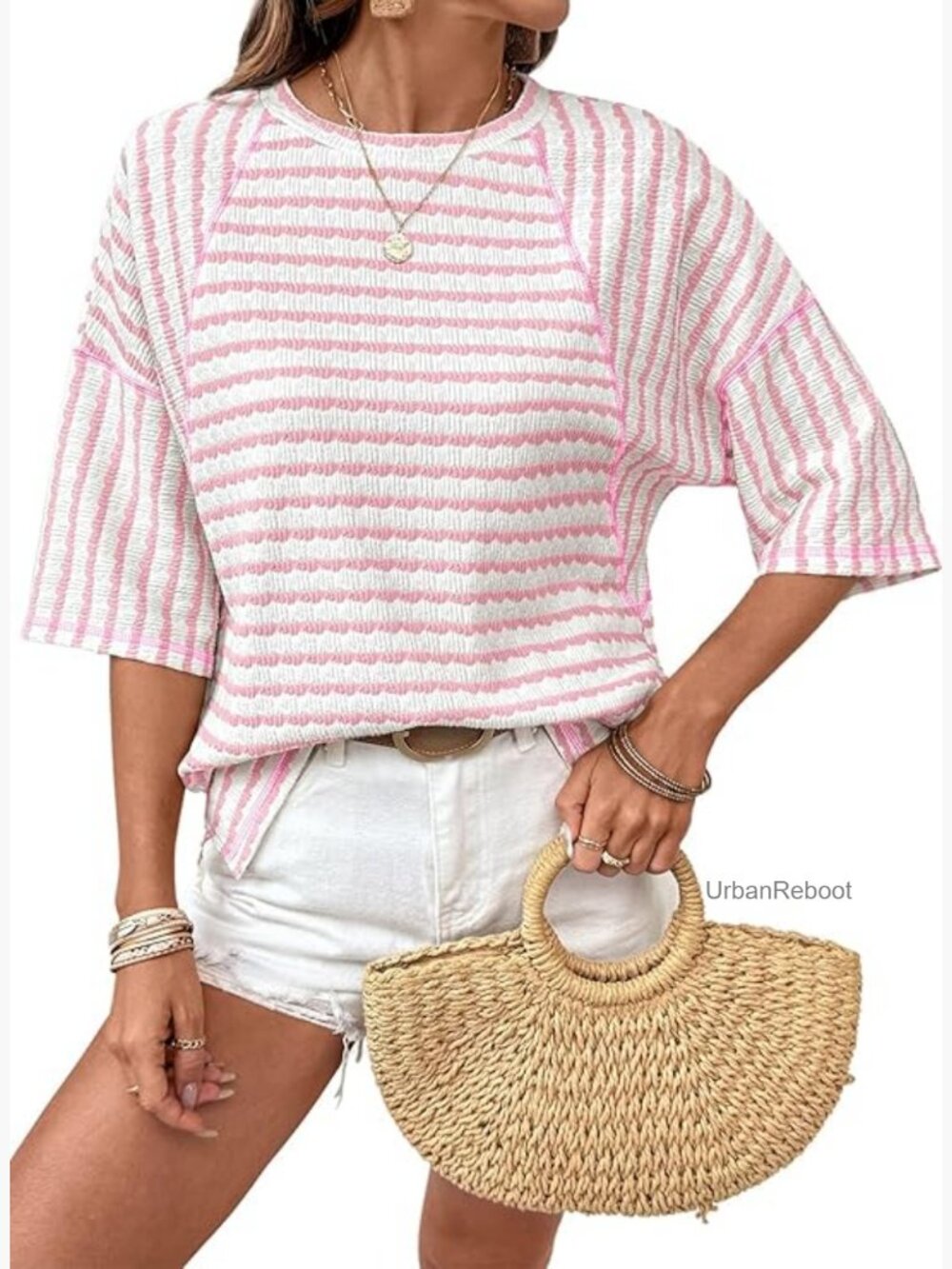 Oversized Striped Color Block T-Shirt Crewneck Short Sleeve Summer Top